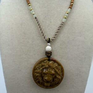 Brown Jasper around Lion Head Carving Pendant Necklace on Adjustable Rope Cord